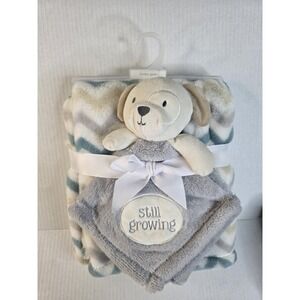Baby Gear Grey Tan Puppy Dog Still Growing Lovey Chevron Stripe Blanket Set NEW